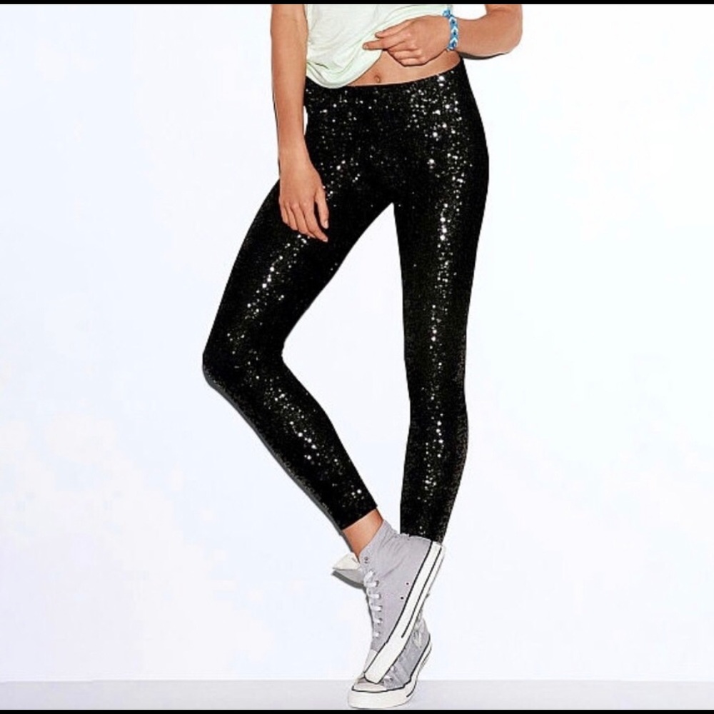 PINK Victoria’s Secret Black Sequins Leggings - Picture 1 of 6